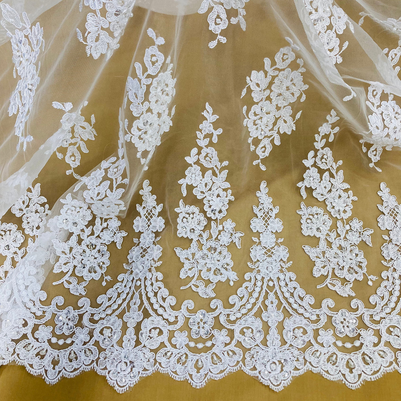 Beaded & Corded Lace Fabric Embroidered on 100% Polyester Net Mesh | Lace USA