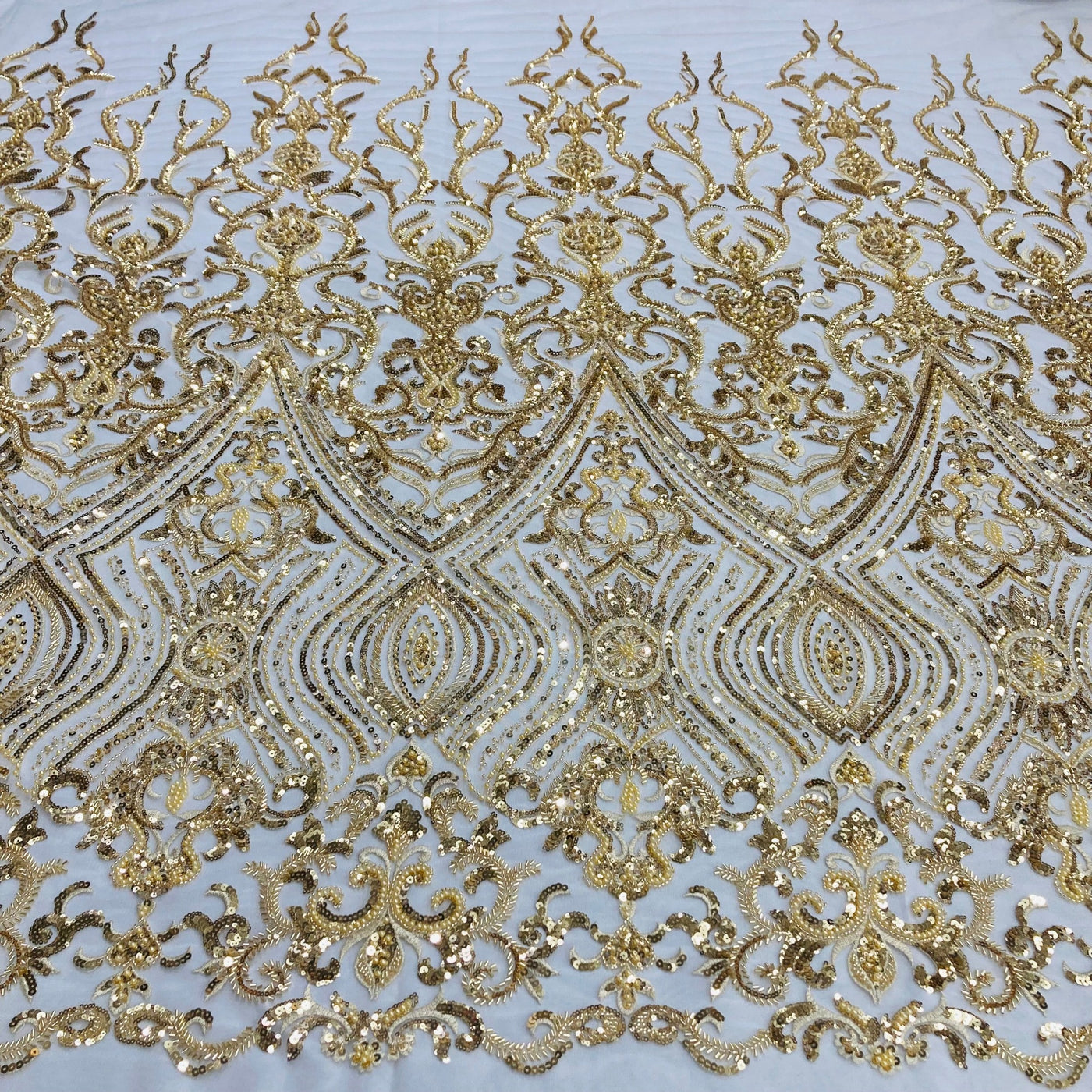 Gold Embroidered & Beaded Net Mesh Fabric with Beads. Lace USA