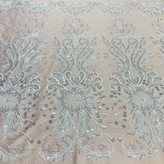 Embroidered & Beaded Net Mesh Fabric with Beads. Lace USA