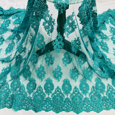 Beaded, Corded & Embroidered on Mesh Net Lace Fabric. Lace USA