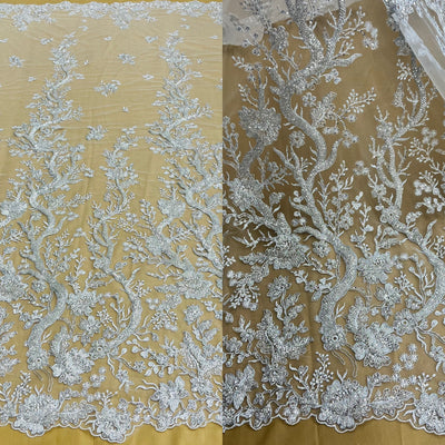 Beaded & Corded Silver Bridal Lace Fabric Embroidered on 100% Polyester Net Mesh | Lace USA