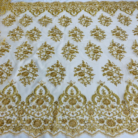 Beaded & Corded Bridal Lace Fabric Embroidered on 100% Polyester Net Mesh | Lace USA