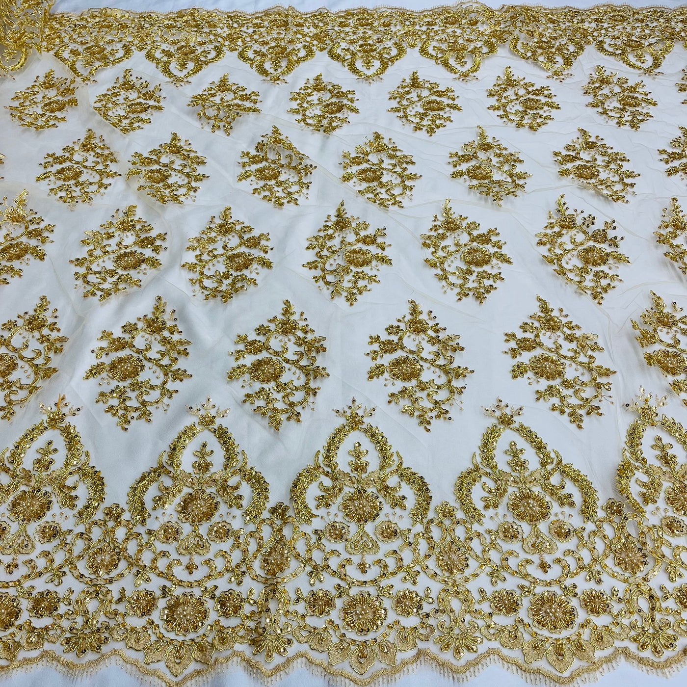 Beaded & Corded Bridal Lace Fabric Embroidered on 100% Polyester Net Mesh | Lace USA