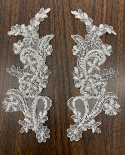 Beaded & Corded Floral Appliqué Lace Embroidered on 100% Polyester Organza or Net Mesh. This can be applied to Theatrical dance ballroom costumes, bridal dresses, bridal headbands endless possibilities.  Sold By Pair  Lace Usa