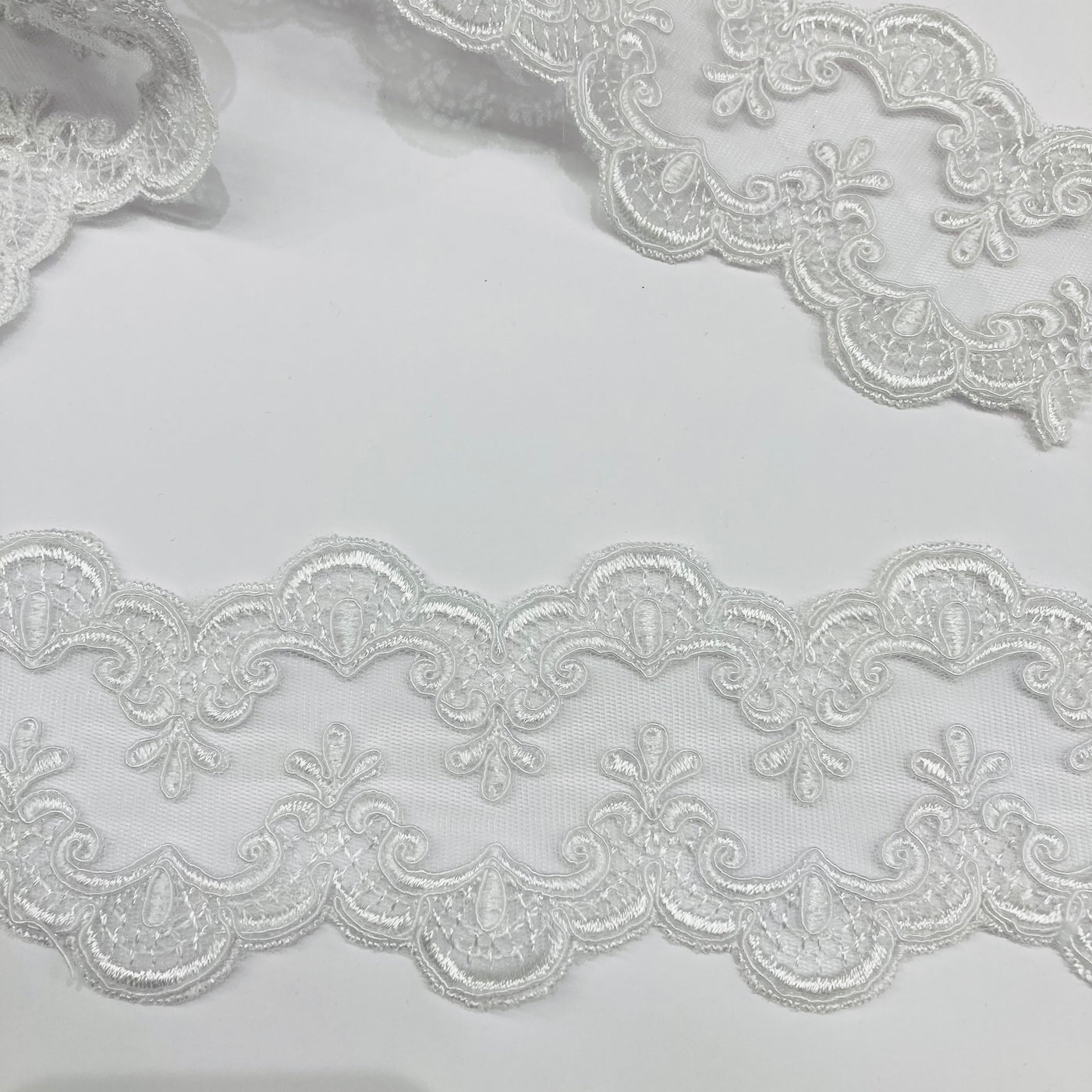 Corded & Embroidered Double Sided White Trimming on Mesh Net Lace. Lace USA