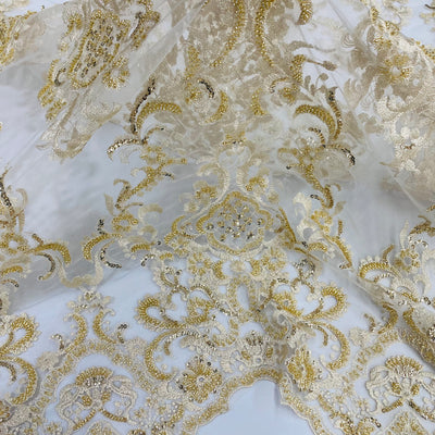 Beaded Lace Fabric Embroidered on 100% Polyester Net Mesh | Lace USA - 73027W-HB