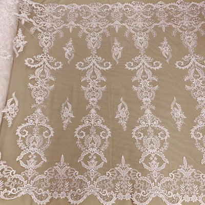 Beaded & Corded Bridal Lace Fabric Embroidered on 100% Polyester Net Mesh | Lace USA - GD-55518-Ivory