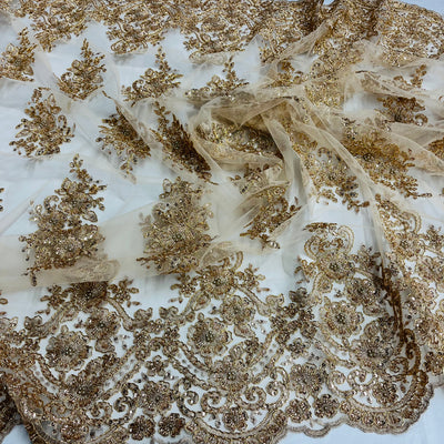 Beaded Corded Lace Fabric With Scallops Embroidered on 100% Poly Metallic | Lace USA