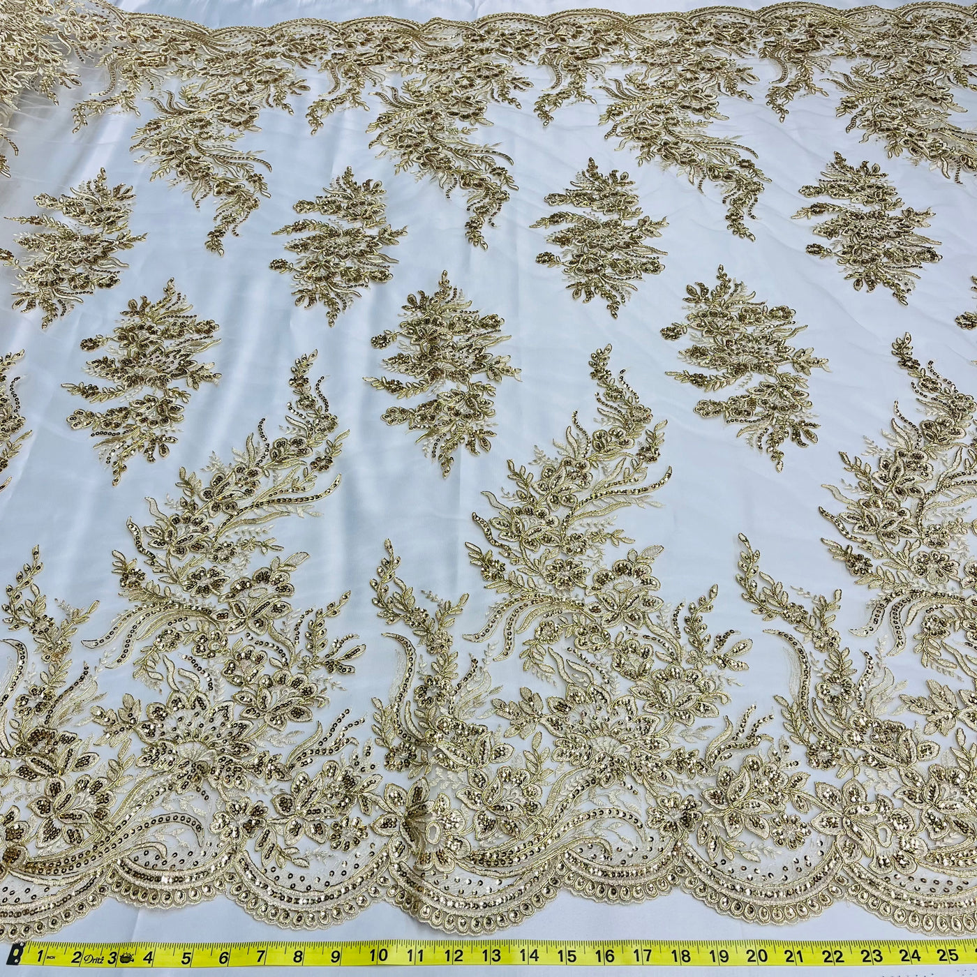 Beaded & Corded Bridal Lace Fabric Embroidered on 100% Polyester Net Mesh | Lace USA