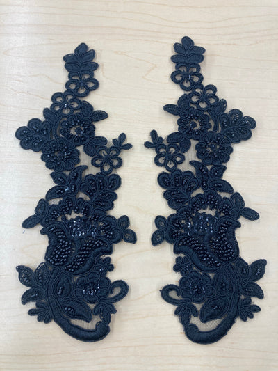 Beaded & Corded Floral Black Appliqué Lace Embroidered on 100% Polyester Mesh Net. This can be applied to lyrical dance ballroom costumes, bridal dresses, bridal headbands endless possibilities.  Sold By Pair  Lace Usa