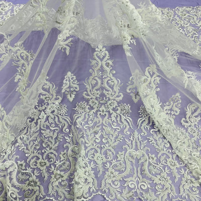 Beaded & Sequined Lace Fabric Embroidered on 100% Polyester Net Mesh | Lace USA - GD-13314 Ivory