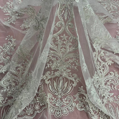 Beaded Lace Fabric Embroidered on 100% Polyester Net Mesh | Lace USA - GD-12186 Ivory with Silver