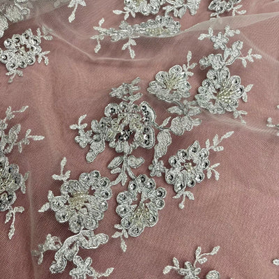 Beaded & Corded Bridal Lace Fabric Embroidered on 100% Polyester Net Mesh | Lace USA