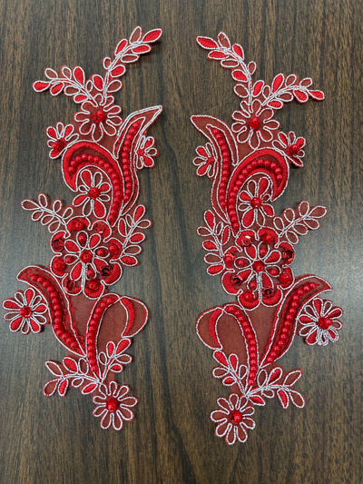 Beaded & Corded Floral Appliqué Lace Embroidered on 100% Polyester Organza or Net Mesh. This can be applied to Theatrical dance ballroom costumes, bridal dresses, bridal headbands endless possibilities.  Sold By Pair  Lace Usa