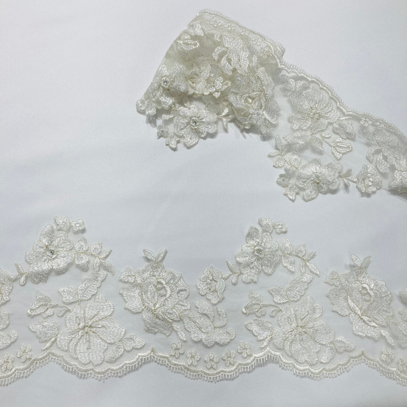 Floral Lace Trimming Embroidered on 100% Polyester Net Mesh. Lace USA