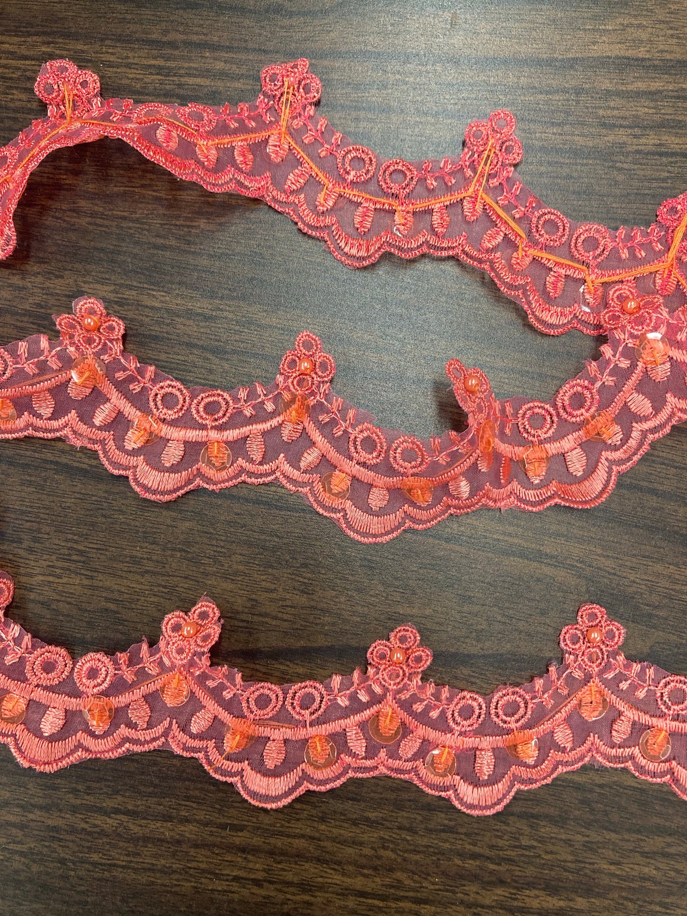Beaded Coral Lace Trim Embroidered on 100% Polyester Organza . Large Arch Scalloped Trim. Formal Trim. Perfect for Edging and Gowns. Sold by the Yard. Lace Usa