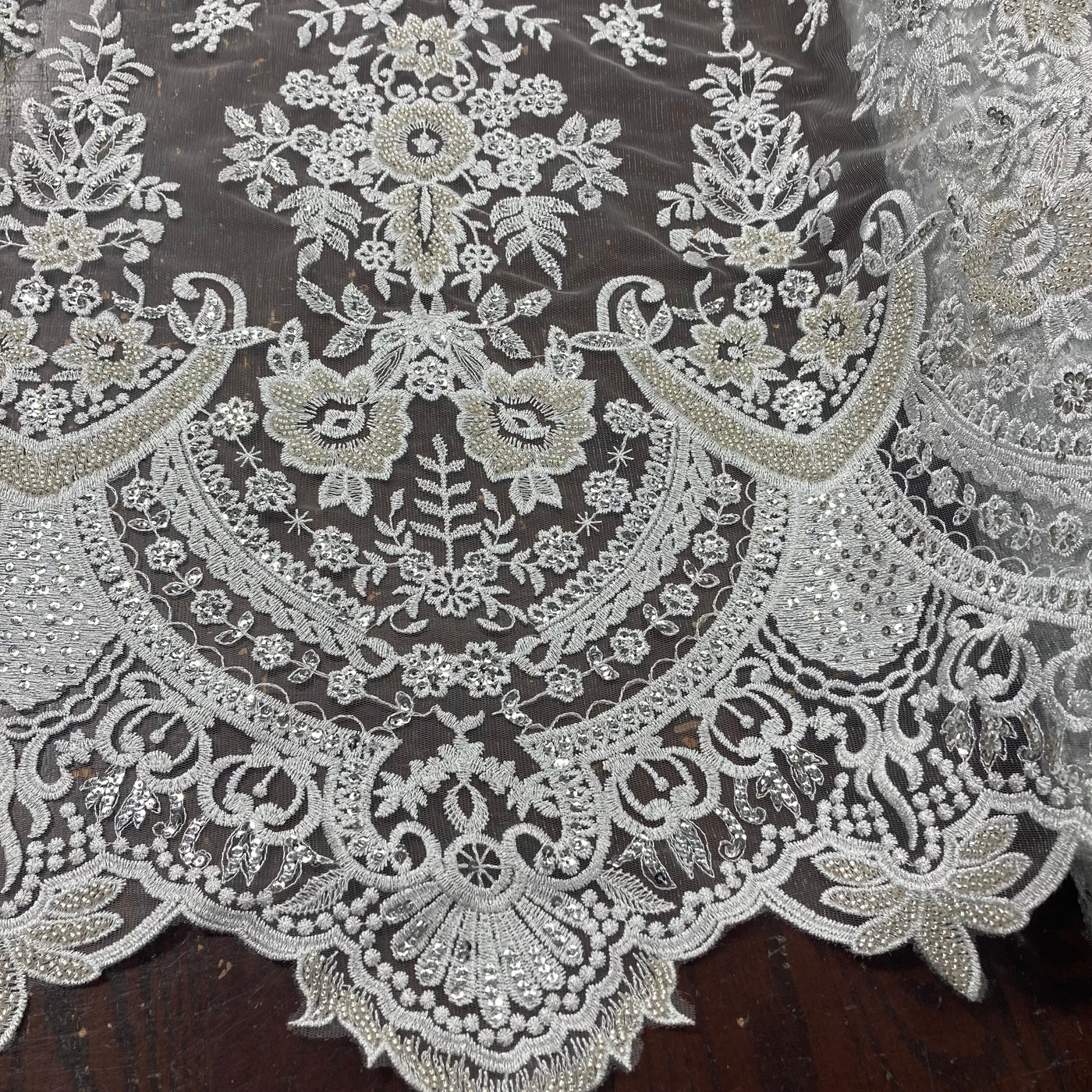 Embroidered & Heavy Beaded Silver Net Fabric with Beads. Lace Usa