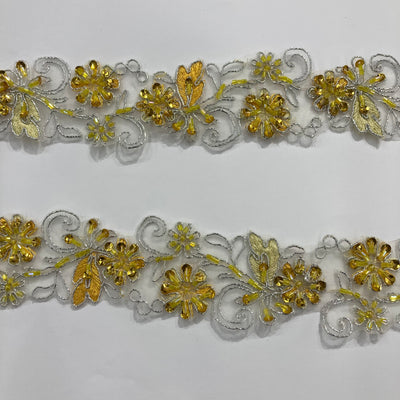 Beaded, Corded & Embroidered Yellow with Silver Trimming. Lace Usa