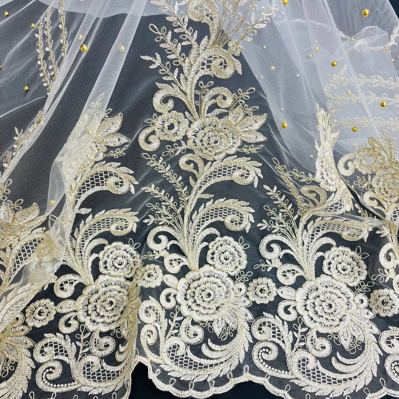 Beaded & Corded Bridal Lace Fabric Embroidered on 100% Polyester Net Mesh | Lace USA