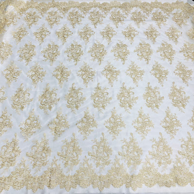 Corded Bridal Lace Fabric Embroidered on 100% Polyester Net Mesh. Lace USA