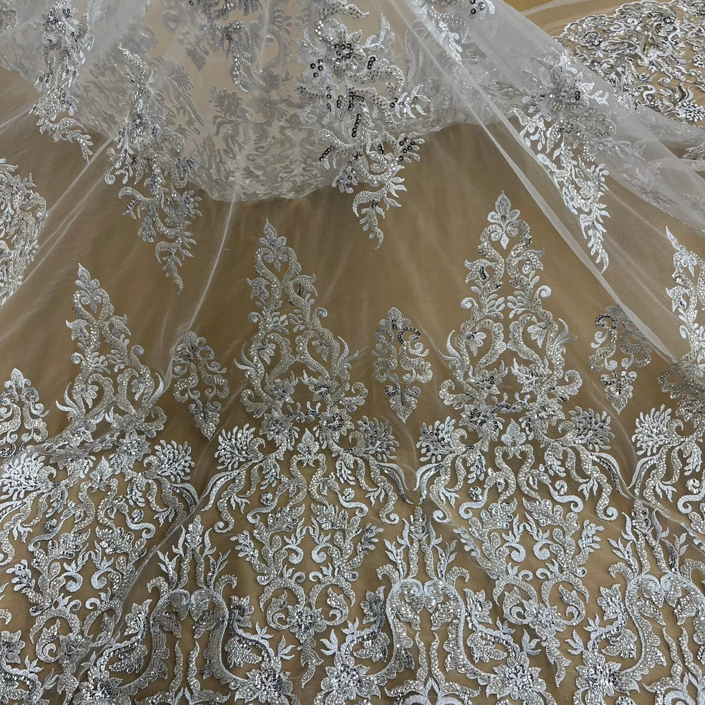 Beaded & Sequined Lace Fabric Embroidered on 100% Polyester Net Mesh | Lace USA - GD-13314 Silver