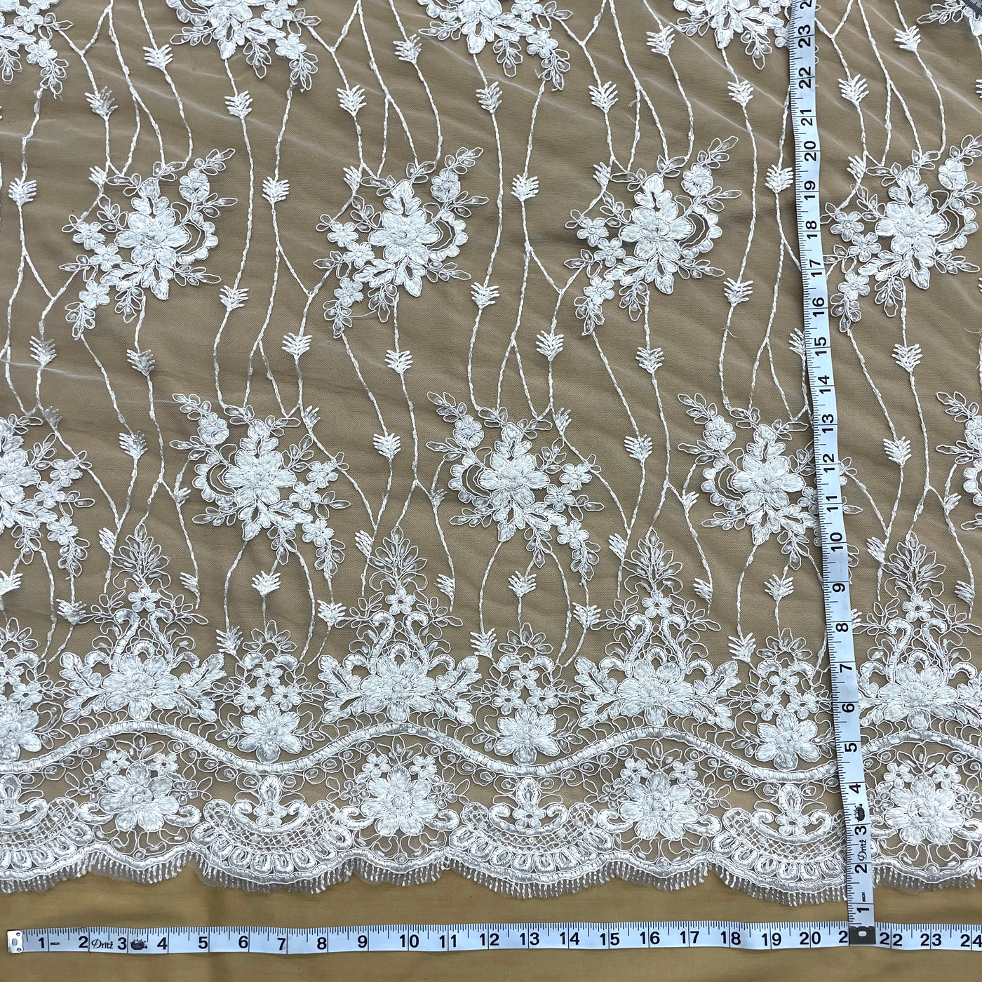 Beaded & Corded Bridal Lace Fabric Embroidered on 100% Polyester Net Mesh | Lace USA