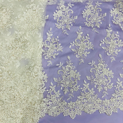 Corded & Beaded Bridal Lace Fabric Embroidered on Net Mesh. Lace USA