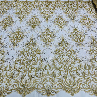 Beaded & Corded Gold Bridal Lace Fabric Embroidered on 100% Polyester Net Mesh | Lace USA