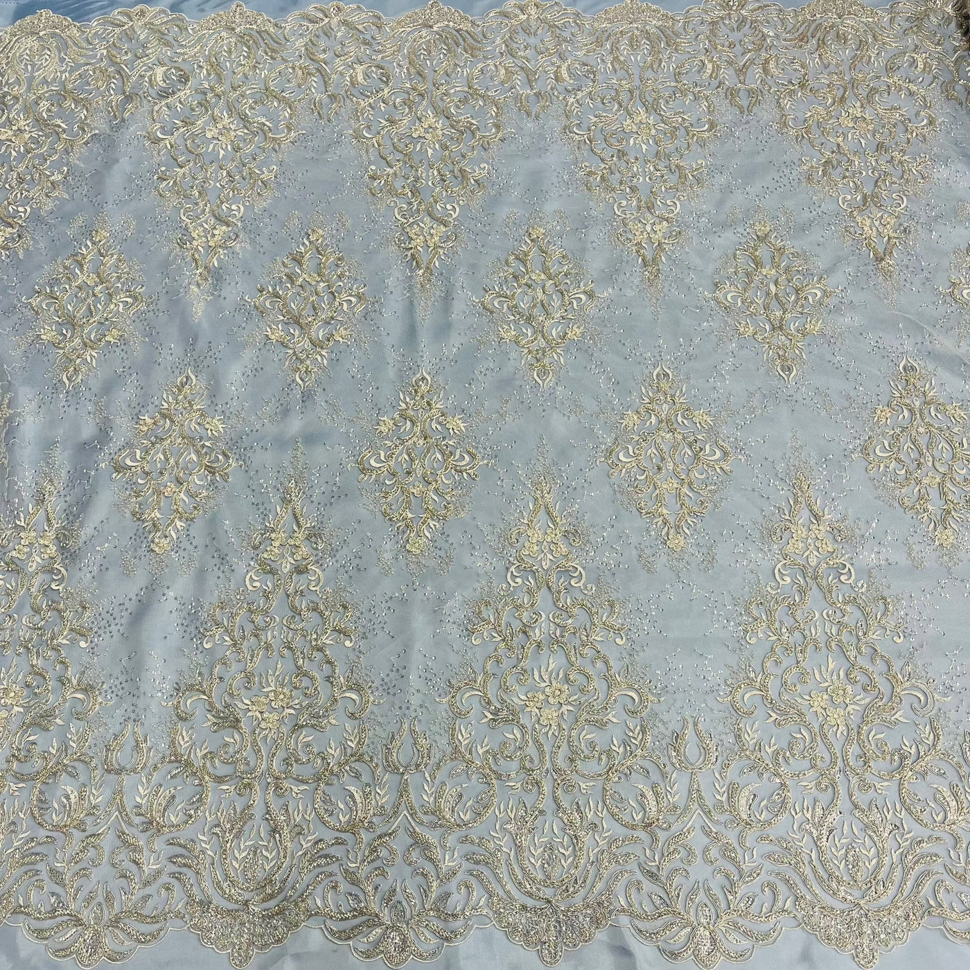 Beaded & Corded Bridal Lace Fabric Embroidered on 100% Polyester Net Mesh | Lace USA - GD-12266 Silver