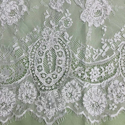 3 Yards Precut Beaded & Corded Chantilly Floral Lace Fabric Embroidered on 100% Polyester Net Mesh | Lace USA - 97143W-BP Ivory