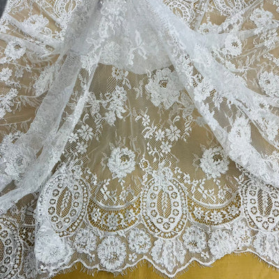 3 Yards Precut Beaded & Corded Chantilly Floral Lace Fabric Embroidered on 100% Polyester Net Mesh | Lace USA - 97143W-BP White