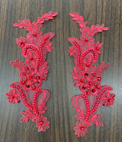 Beaded & Corded Floral Appliqué Lace Embroidered on 100% Polyester Organza or Net Mesh. This can be applied to Theatrical dance ballroom costumes, bridal dresses, bridal headbands endless possibilities.  Sold By Pair  Lace Usa