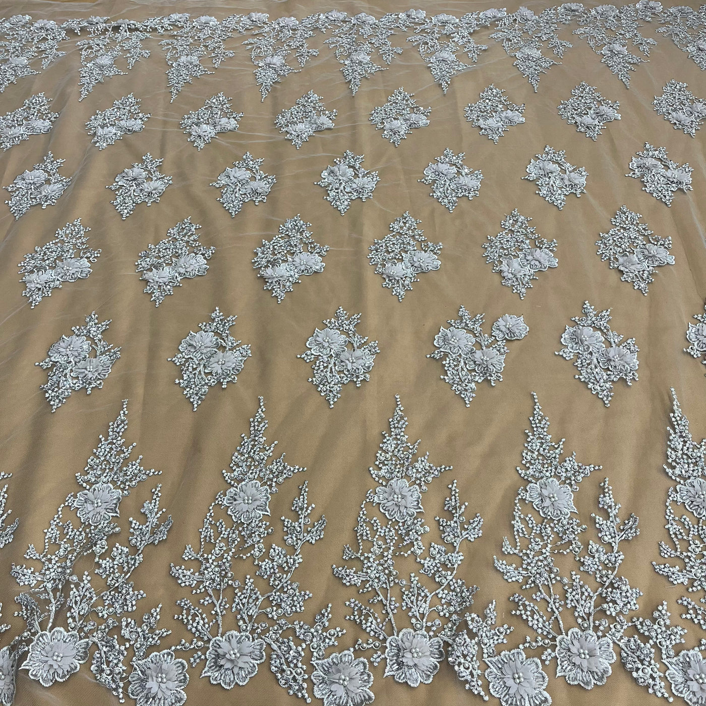 Beaded 3D Floral Lace Fabric Embroidered on 100% Polyester Net Mesh | Lace USA