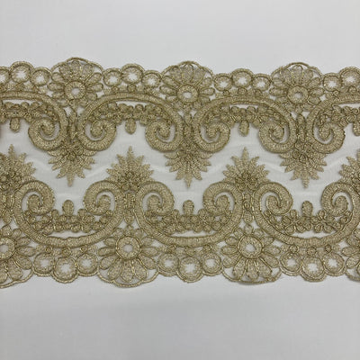 Corded & Embroidered Gold Double Sided Trimming on Mesh Net Lace. Lace Usa