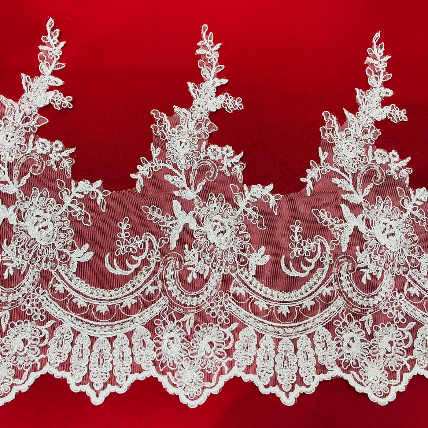Beaded & Corded Lace Trimming Embroidered on 100% Polyester Net Mesh. Lace USA