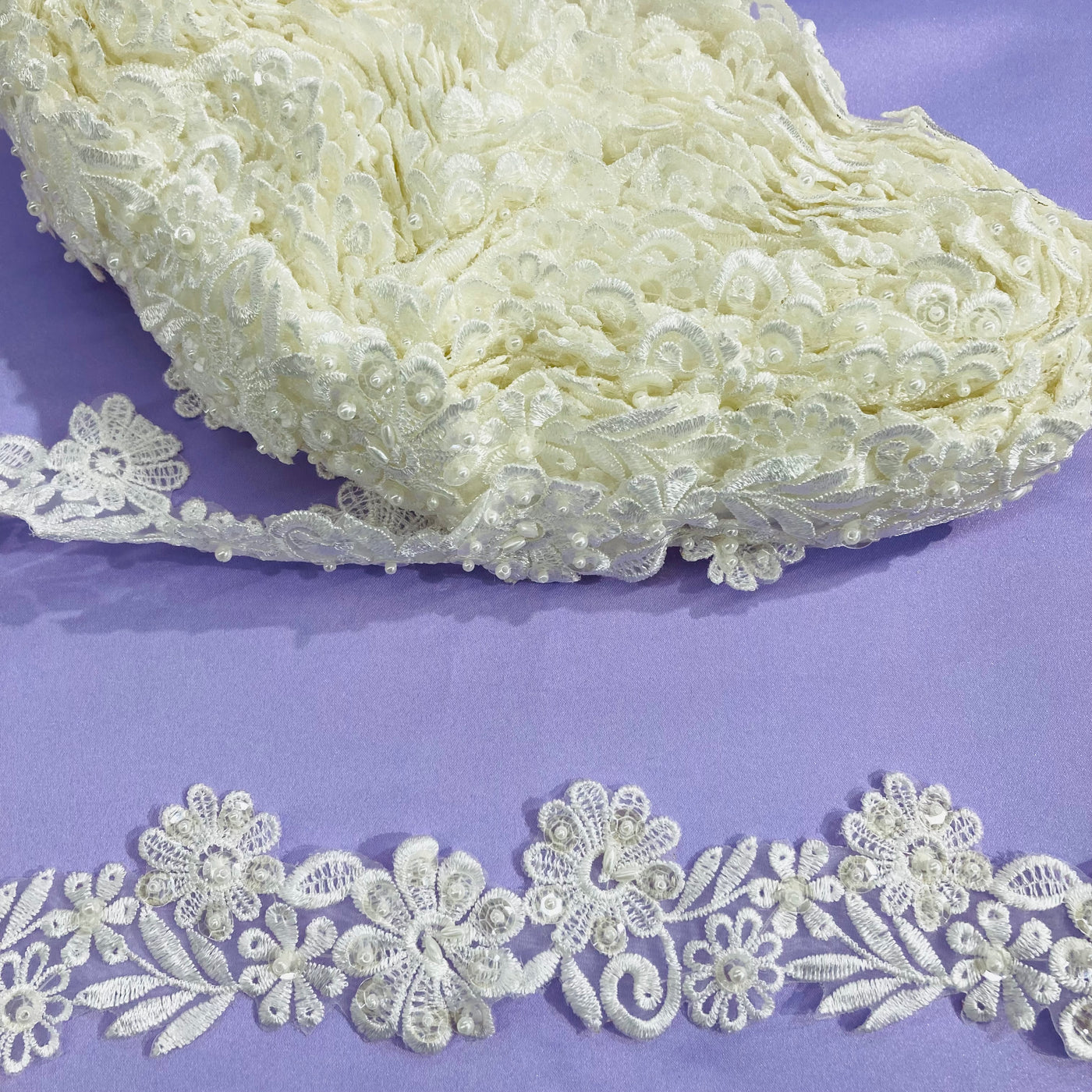 Beaded Lace Trimming Embroidered on Poly Organza. Lace USA