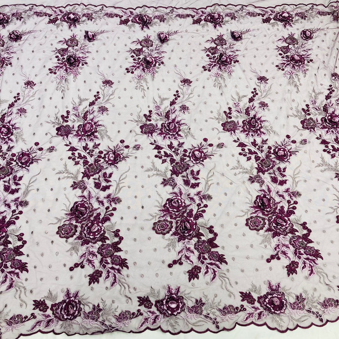 Netted Lace Beaded 3D Floral Lace Fabric Embroidered on 100% Polyester Net Mesh ...