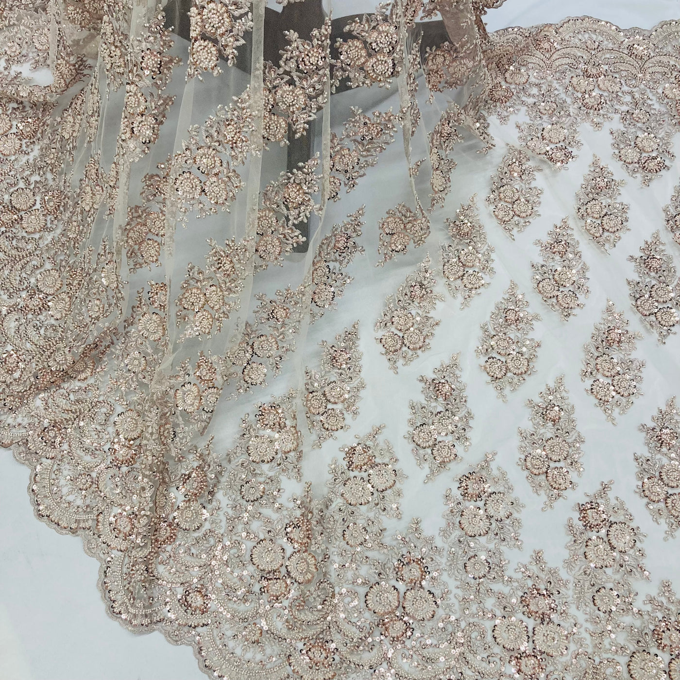 Embroidered & Beaded Net Mesh Fabric with Beads. Lace USA