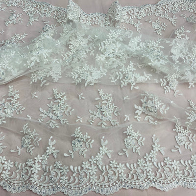 Beaded & Corded Bridal Lace Fabric Embroidered on 100% Polyester Net Mesh | Lace USA - 91436W-BP