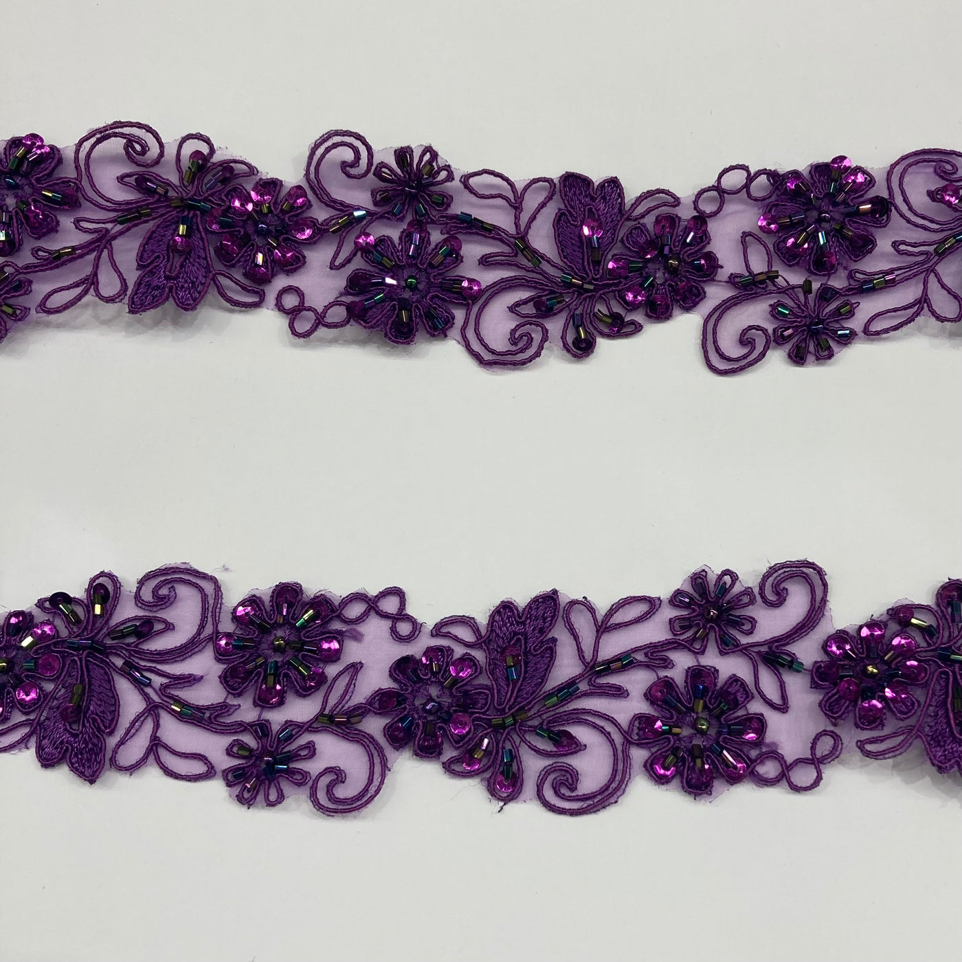 Beaded, Corded & Embroidered Purple Trimming. Lace Usa