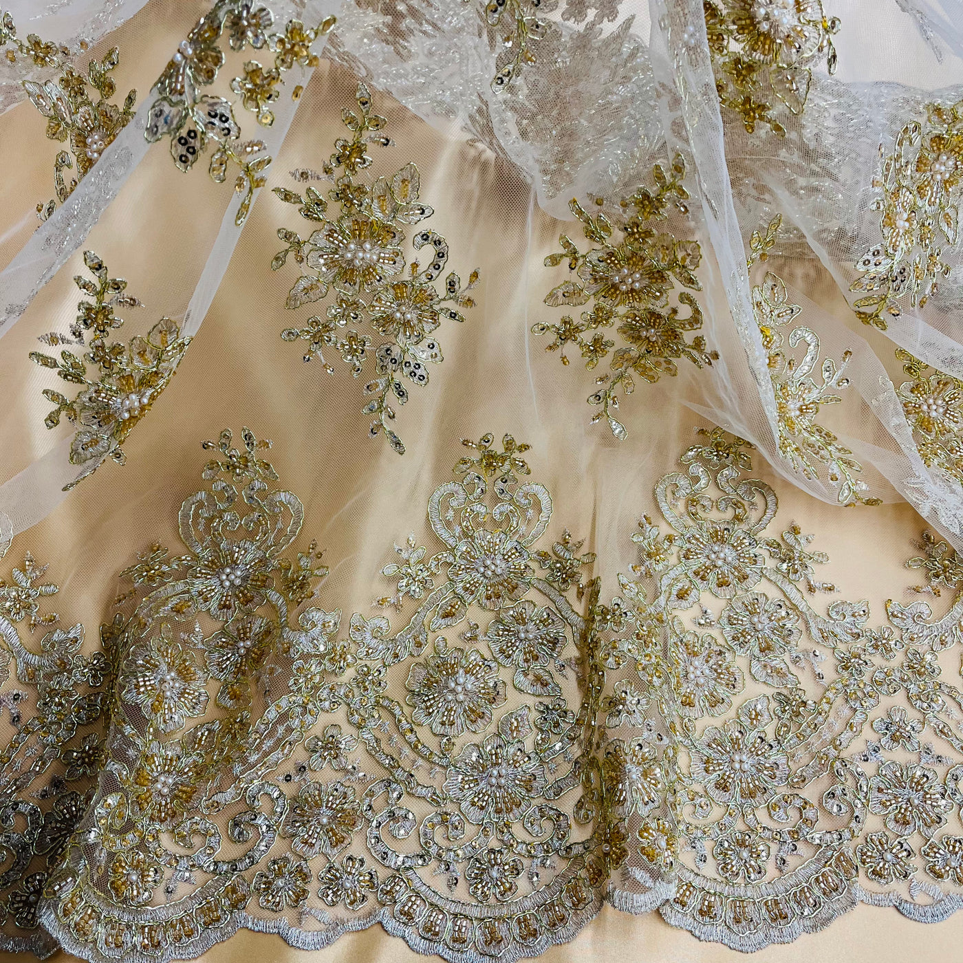 Beaded Corded Lace Fabric With Scallops Embroidered on 100% Poly Metallic | Lace USA