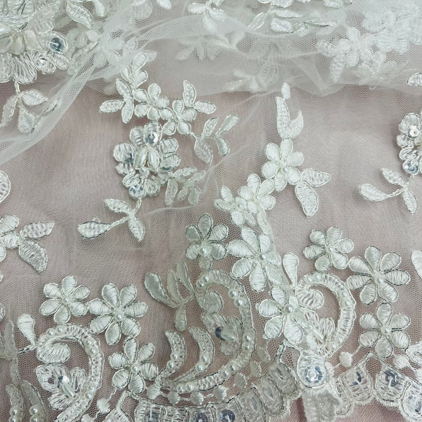 Beaded & Corded Bridal Lace Fabric Embroidered on 100% Polyester Net Mesh | Lace USA - 91436W-BP