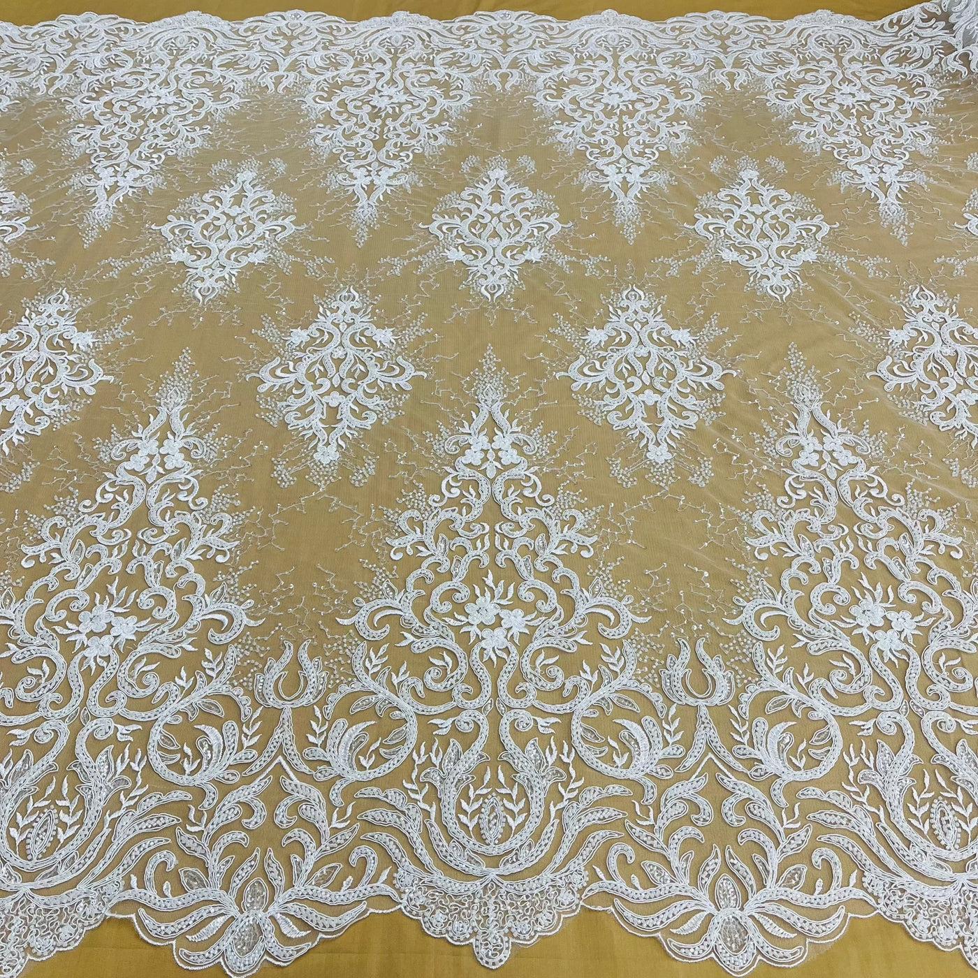 Beaded & Corded Bridal Lace Fabric Embroidered on 100% Polyester Net Mesh | Lace USA - GD-12266 White