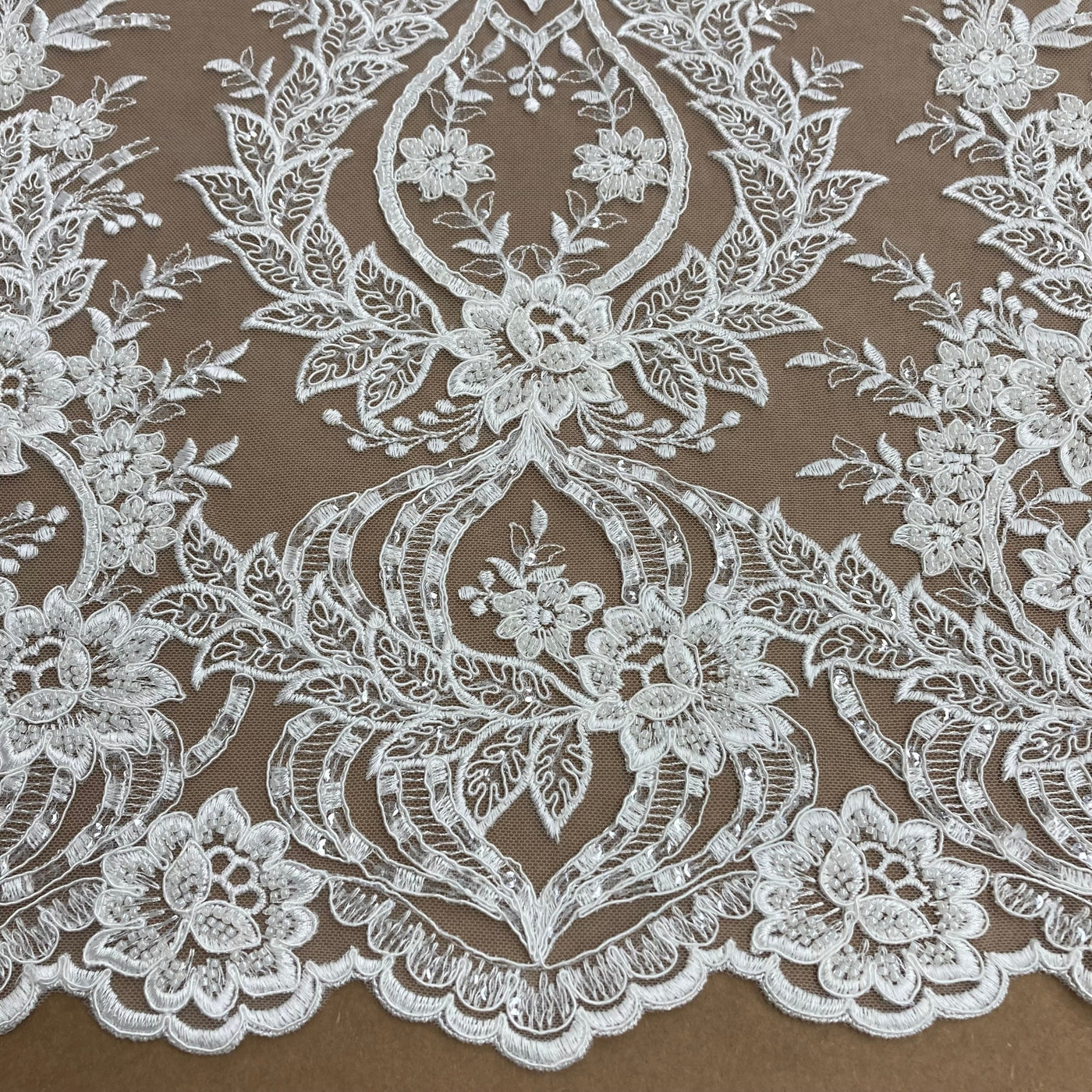 Corded & Beaded Ivory Bridal Lace Fabric Embroidered on 100% Polyester Net Mesh. Lace Usa