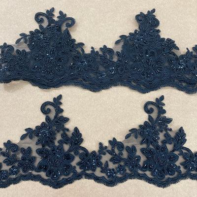 Corded & Beaded Floral Lace Trimming Embroidered on 100% Polyester Net Mesh. Lace Usa
