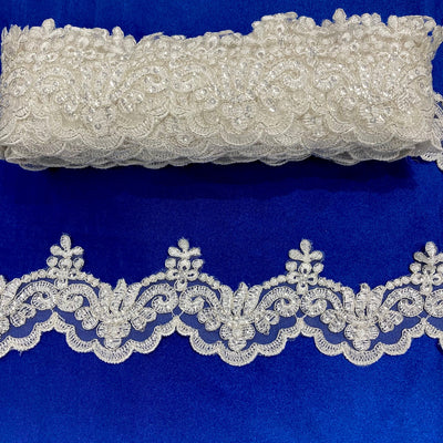 Corded, Beaded & Embroidered Ivory with Silver Trimming. Lace Usa