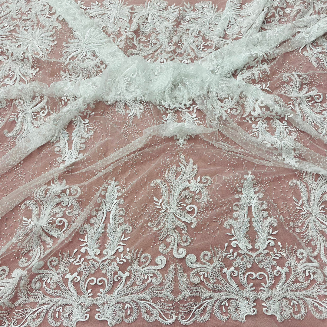 Netted Lace Beaded Lace Fabric Embroidered With Fuzzy Thread on 100% Polyester Net ...