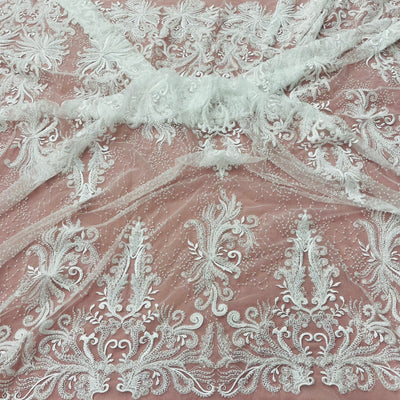 Beaded Lace Fabric Embroidered With Fuzzy Thread on 100% Polyester Net Mesh | Lace USA