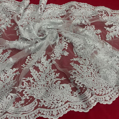 Corded & Beaded Bridal Lace Fabric Embroidered on Poly Net Mesh. Lace USA