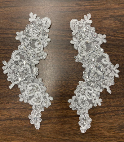 Beaded & Corded Floral Appliqué Lace Embroidered on 100% Polyester Organza or Net Mesh. This can be applied to Theatrical dance ballroom costumes, bridal dresses, bridal headbands endless possibilities.  Sold By Pair.  Lace Usa  Sold in a set of 2.